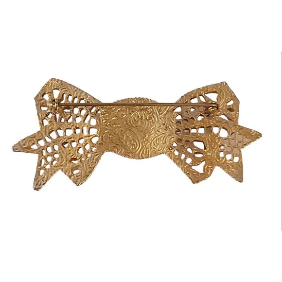 1928 Brand Gold Tone Roses Bow Pin Brooch K669 - Picture 5 of 9